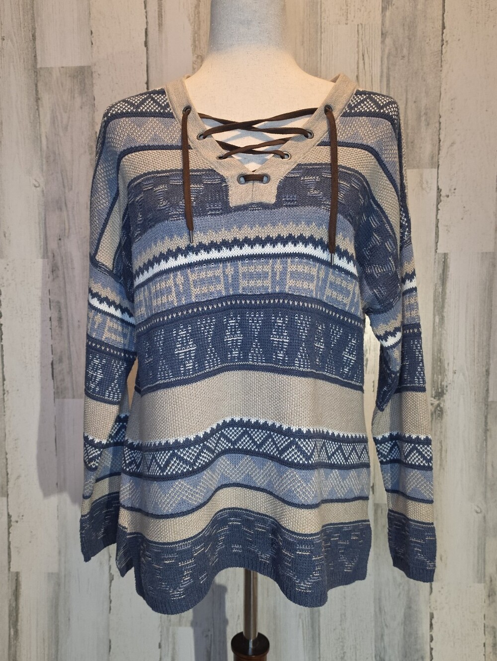 Chaps Womens Medium Lace Up Sweater Blue Tan Fair Isle Boho Western Southwestern